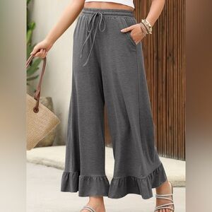 Ruffled Wide Leg Pull On High Waist Pants with Pockets